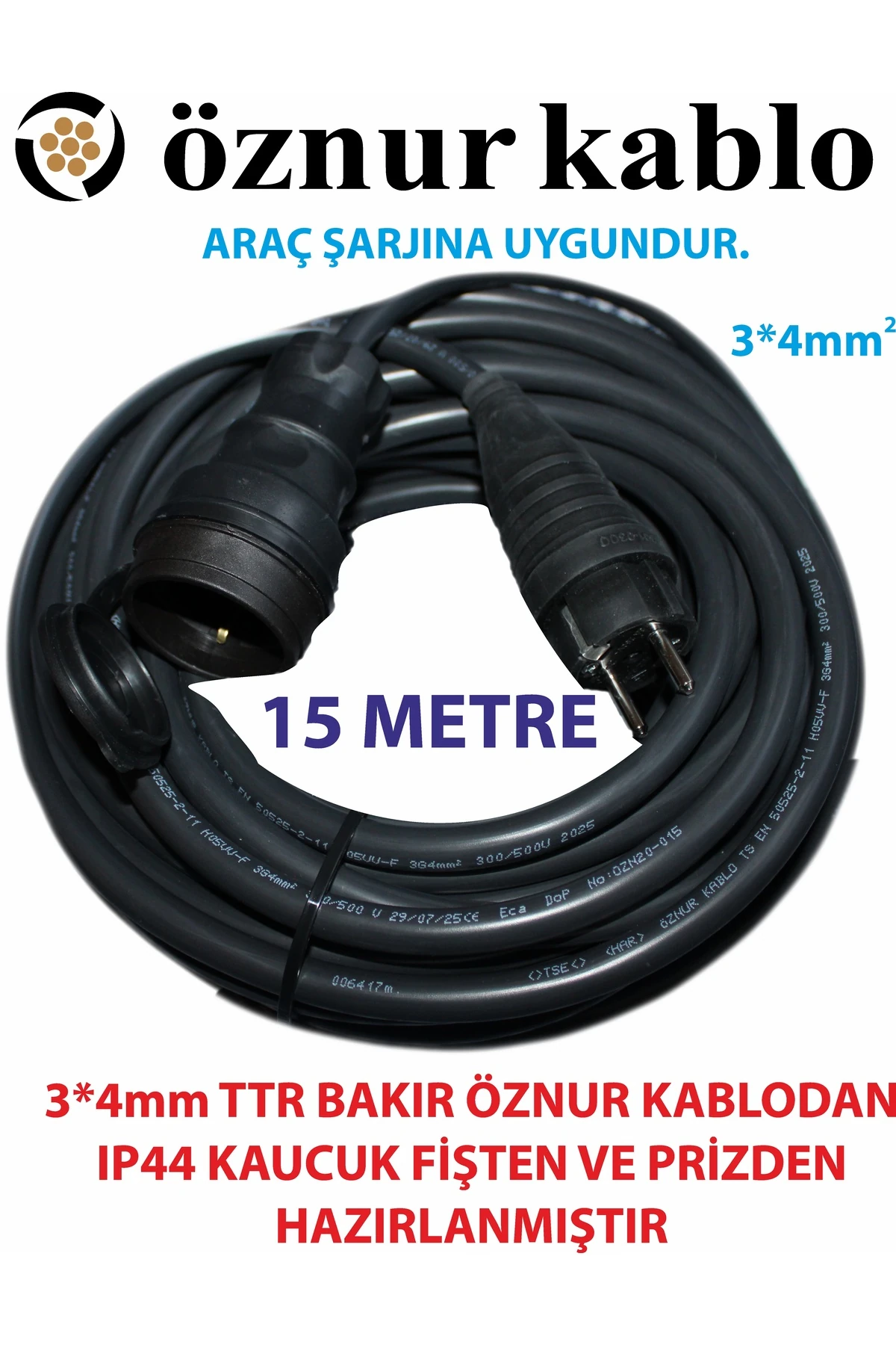 Evden Araç Şarj Uyumlu 3×4mm² Öznur Kablo Kauçuk IP44 Fiş Priz – 15 Metre Seyyar Kablo